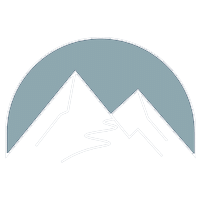 Minimalist logo of two white mountain peaks with a winding path, set against a blue semicircle background.